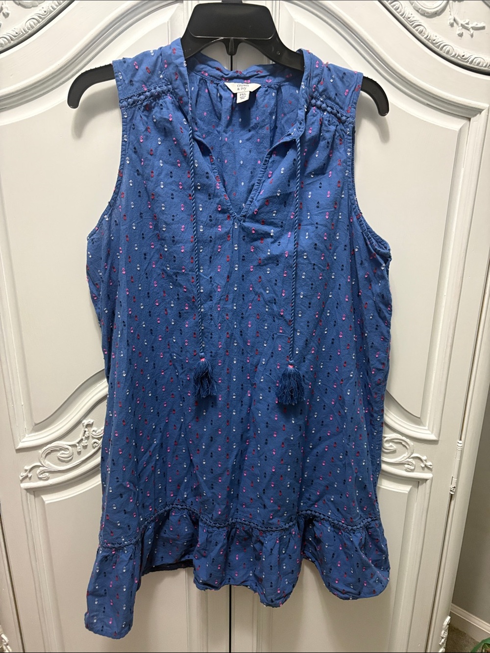 crown & ivy Blue Sleeveless Tassel Peasant Tank with Pink, Red, Navy Dots- PXL